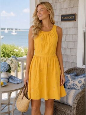 J.CREW Yellow Pineapple Embroidery Sleeveless Lined Cotton Dress Pockets Size 6